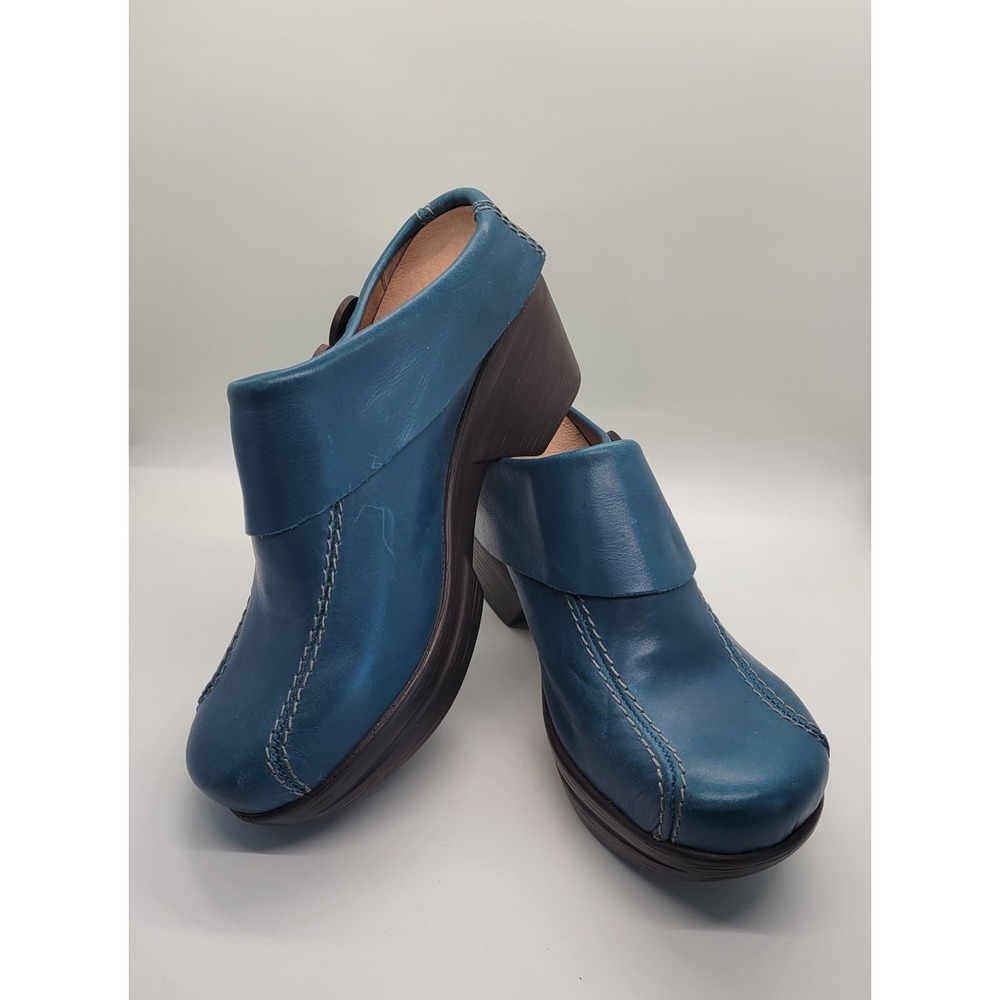 Sanita Teal Blue Leather Mule Clogs Women EU 37 US 6.5-7 Comfort Button 70s 90s - Picture 8 of 16